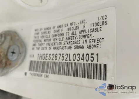 2002 Honda Civic Ex z USA, uszkodzony, nr VIN 1HGES26752L034051